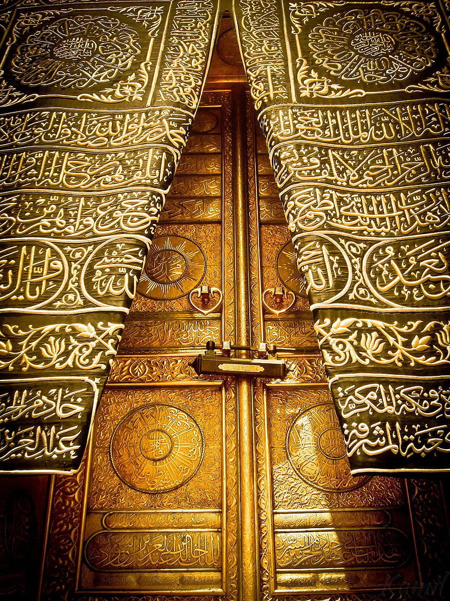 Ornate Golden Kaaba Door with Intricate Arabic Calligraphy and Islamic Art HD phone wallpaper