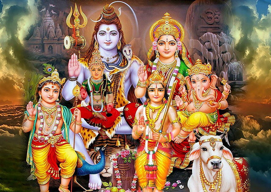 Shiv Parivar Family Portrait with Ganesha, Kartikeya, and Nandi in Traditional Indian Art HD wallpaper