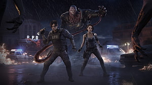 Resident Evil 2 Remake Leon and Claire vs Mr X in Raccoon City HD wallpaper