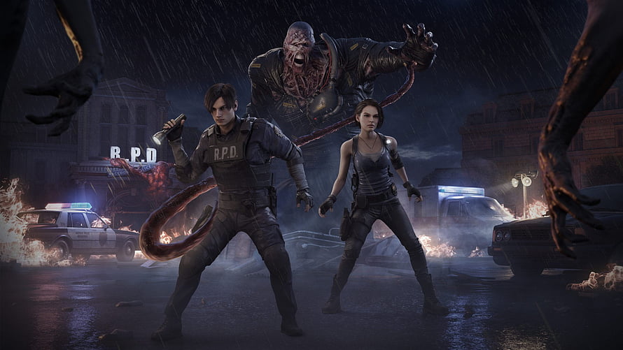 Resident Evil 2 Remake Leon and Claire vs Mr X in Raccoon City HD wallpaper