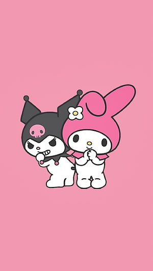 Cute Kuromi and My Melody Cartoon Characters on Pink Background HD phone wallpaper