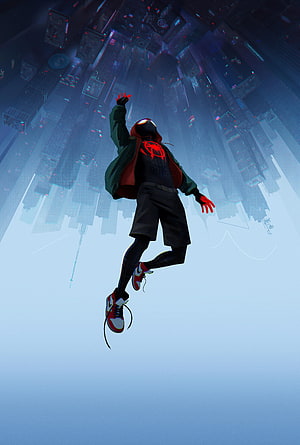 Miles Morales Leaping Through a Futuristic Cyberpunk Cityscape HD phone wallpaper