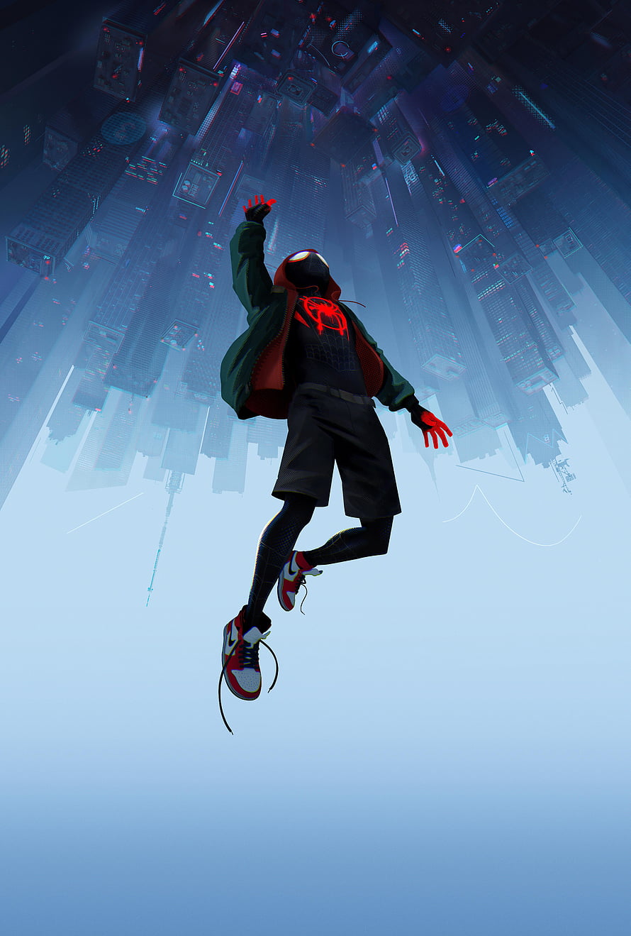Miles Morales Spider-Man Leaping Through a Futuristic Cyberpunk Cityscape HD phone wallpaper