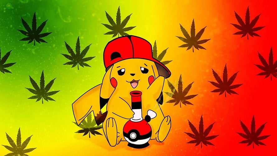 Pikachu Wearing Red Cap Holding Pokeball Bong Against Rasta Gradient With Cannabis Leaves HD wallpaper