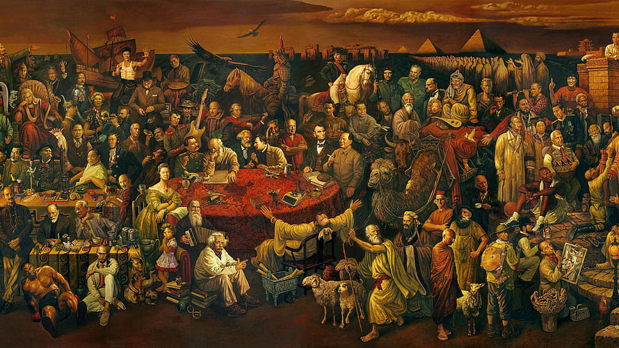 Dante Alighieri Discussing The Divine Comedy With Historical Figures in a Grand Painting HD wallpaper