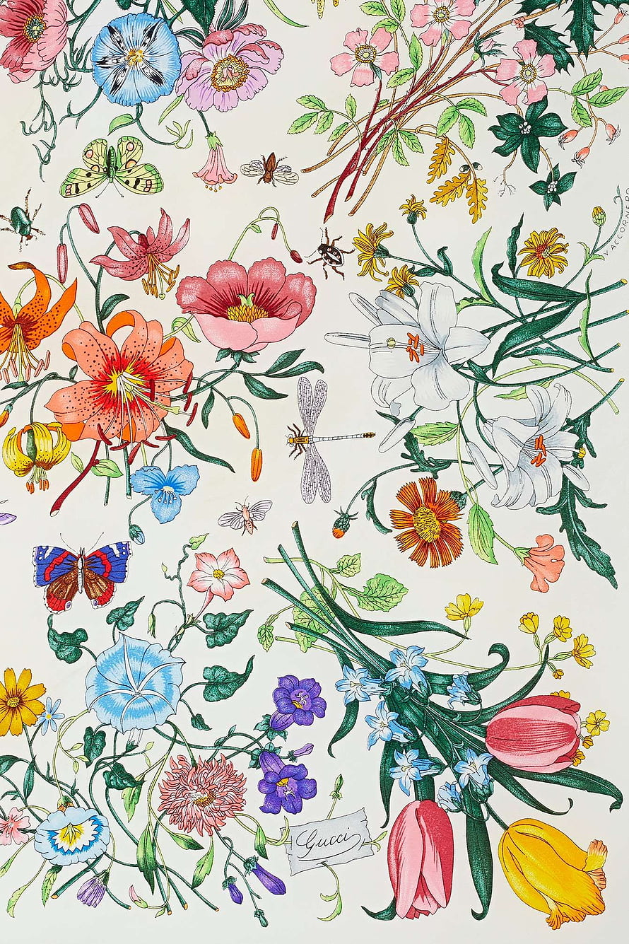 Gucci Botanical Illustration Featuring Lilies, Tulips, and Butterflies on a Cream Background HD phone wallpaper