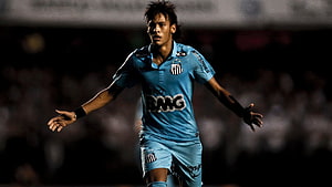 Neymar in Santos FC Light Blue Kit with Arms Outstretched on the Pitch HD wallpaper