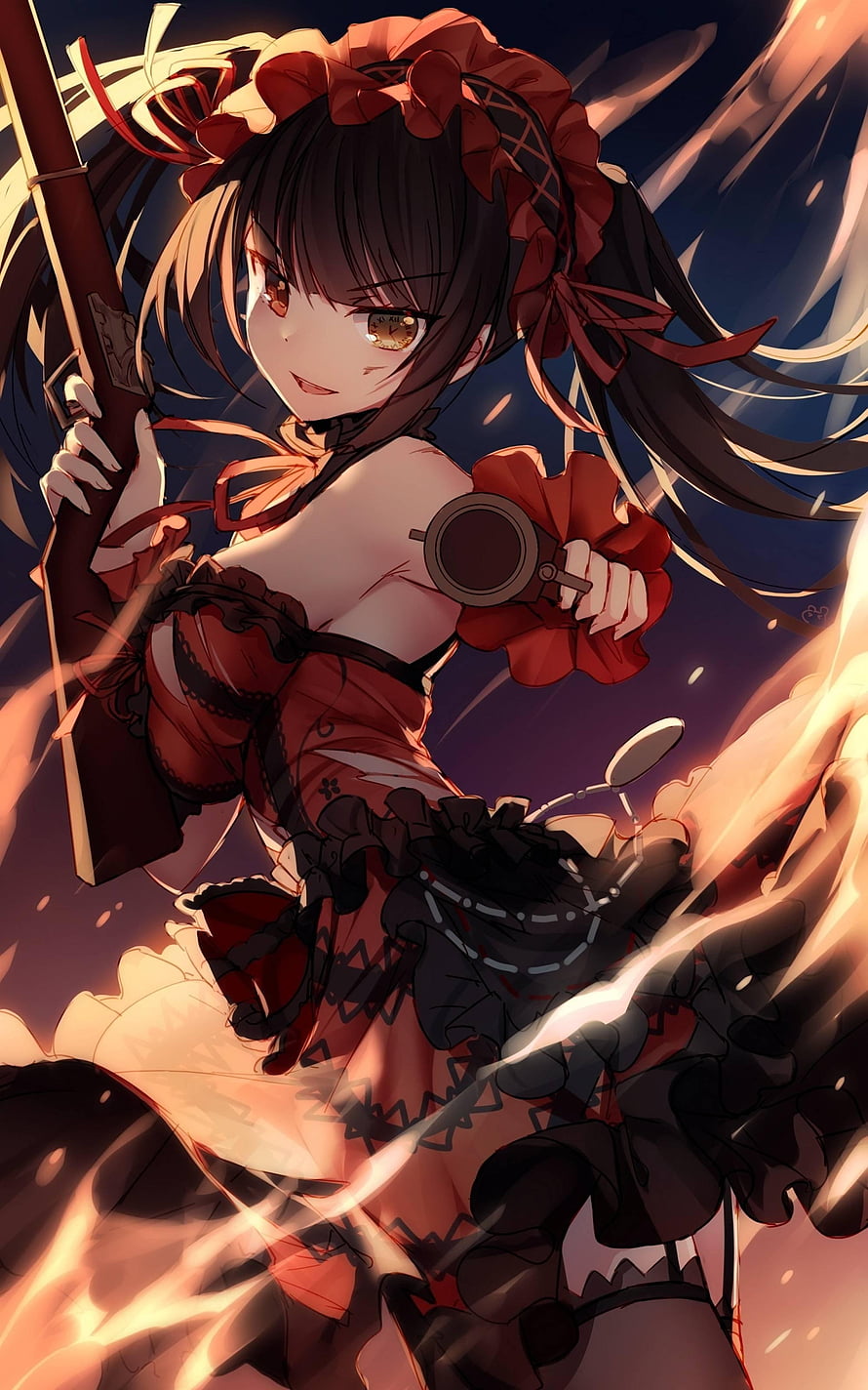 Kurumi Tokisaki from Date A Live in a red gothic dress wielding a scythe amidst swirling flames HD phone wallpaper