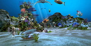 Vibrant 3D Underwater Scene With Colorful Fish, Coral Reefs, and Sunlit Ocean Floor HD wallpaper