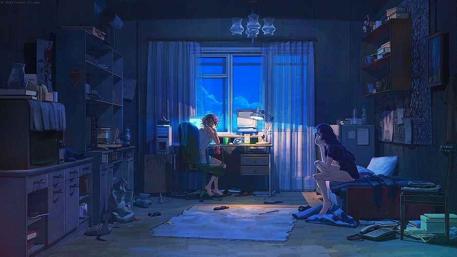 Moody Anime Bedroom Scene With Two Characters At Night HD wallpaper