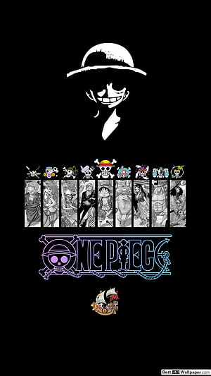 One Piece Anime Poster Featuring Luffy Silhouette and Straw Hat Crew Members HD phone wallpaper
