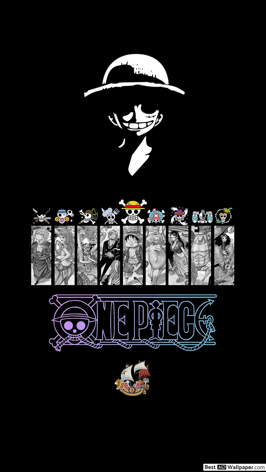 One Piece Anime Poster Featuring Luffy Silhouette and Straw Hat Crew Members HD phone wallpaper