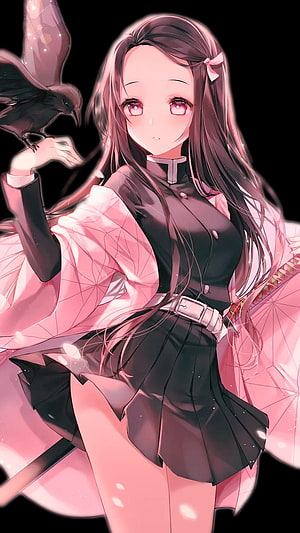 Demon Slayer Nezuko Kamado Anime Illustration with Black Bird and Pink Parasol HD phone wallpaper