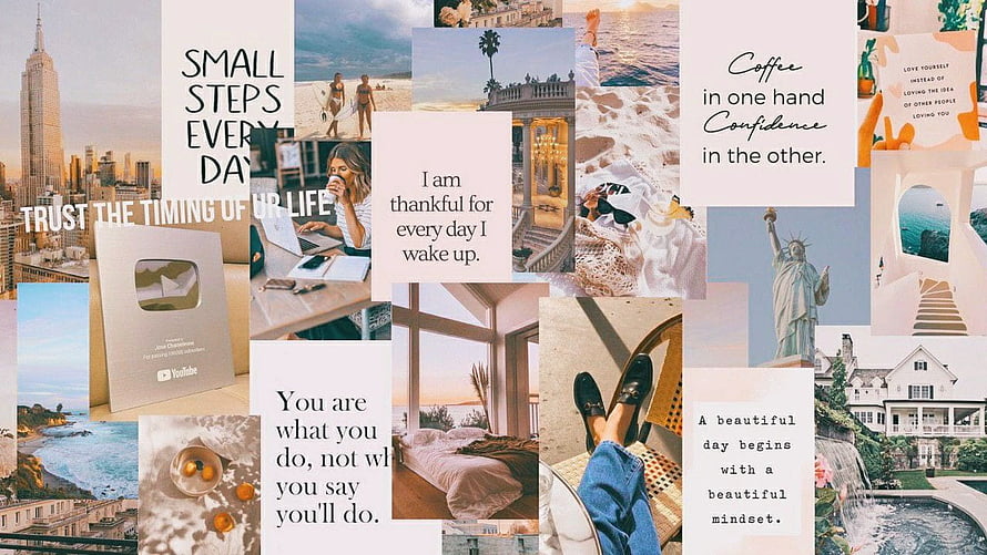Summer Vision Board Collage Featuring Inspirational Quotes, Travel Landmarks, and Lifestyle Aesthetic HD wallpaper