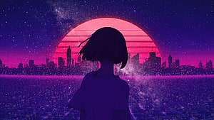 Anime Girl Silhouette Gazing at Synthwave City Sunset with Retro Sun and Starry Sky HD wallpaper