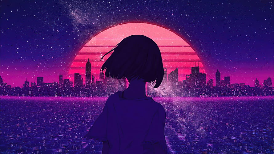 Anime Girl Silhouette Gazing at Synthwave City Sunset with Retro Sun and Starry Sky HD wallpaper