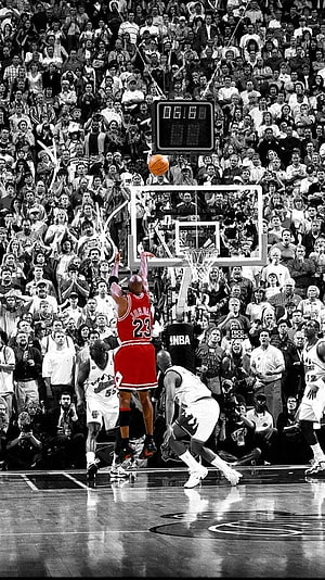 Michael Jordan Chicago Bulls #23 Jump Shot Against Denver Nuggets in Black and White HD phone wallpaper