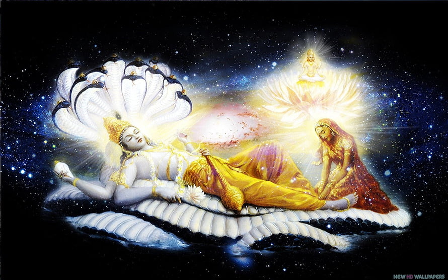 Lord Vishnu Reclining on Shesha Naga Amidst Cosmic Nebula and Divine Light HD wallpaper