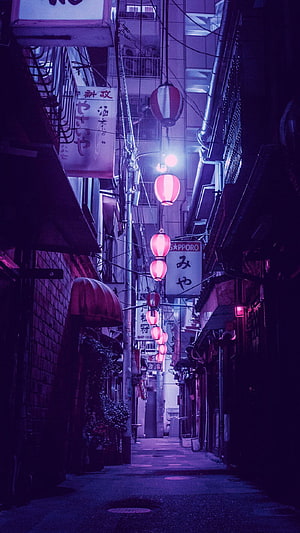 Neon-lit Japanese alleyway at night with glowing red lanterns and traditional signage HD phone wallpaper