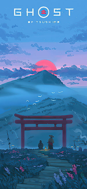 Ghost of Tsusima Serene Mountain Landscape with Torii Gate and Red Sun at Dusk HD phone wallpaper