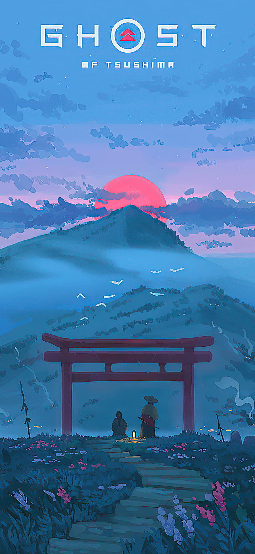 Ghost of Tsusima Serene Mountain Landscape with Torii Gate and Red Sun at Dusk HD phone wallpaper