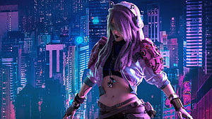 Cyberpunk Anime Girl in Neon-Lit Futuristic Cityscape with Cybernetic Enhancements HD wallpaper