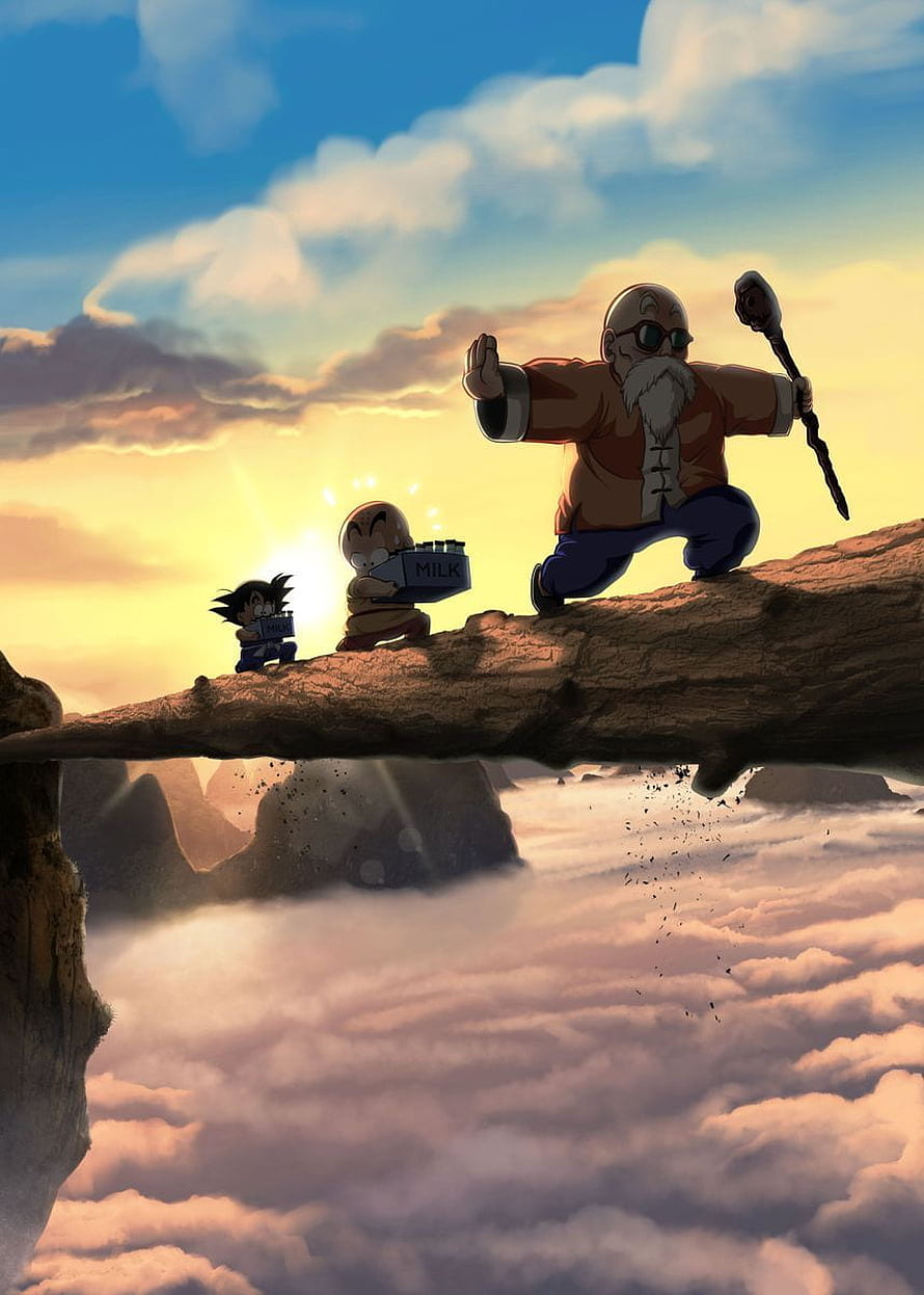 Master Roshi Training Young Goku and Puar on a High Mountain Branch at Sunset HD phone wallpaper