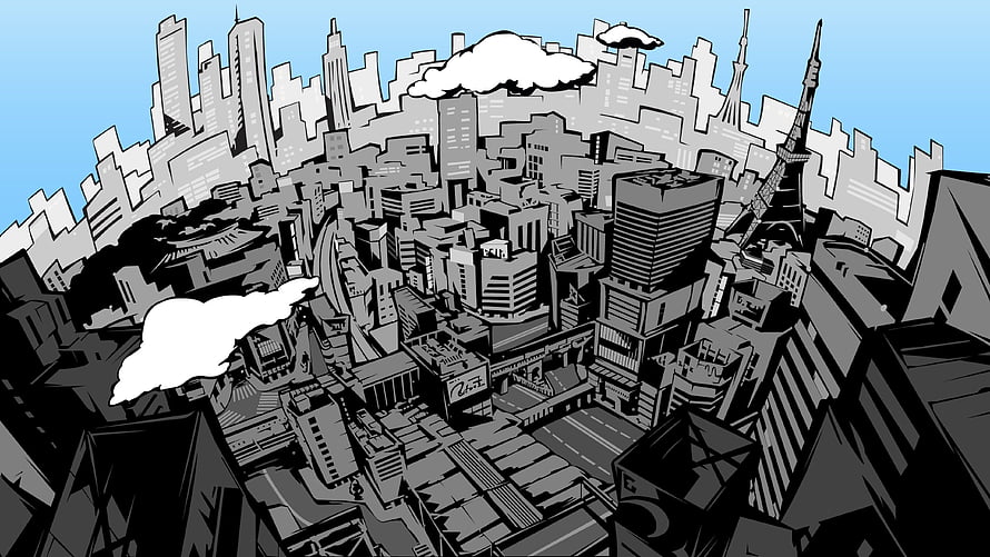 Persona 5 Strikers Cityscape Illustration in Monochrome Comic Style HD wallpaper