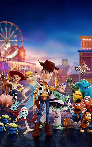 Toy Story 4 Character Lineup at Carnival with Woody, Buzz, Jessie, and Friends HD phone wallpaper