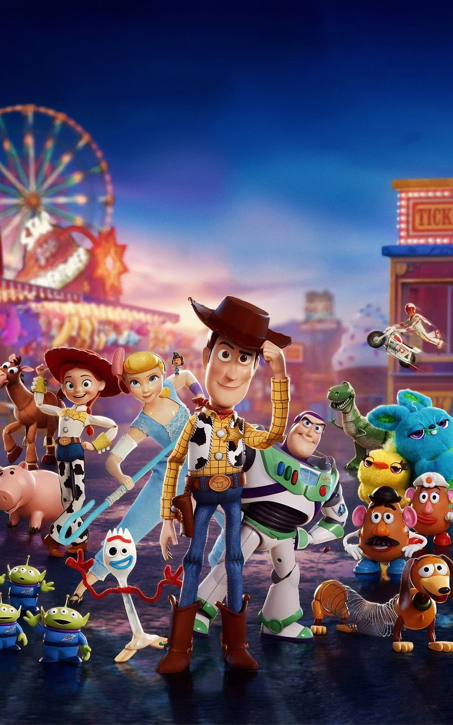Toy Story 4 Character Lineup at Carnival with Woody, Buzz, Jessie, and Friends HD phone wallpaper