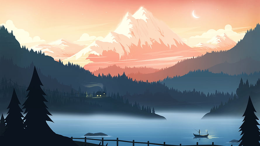 Serene Mountain Lake at Dusk with Snow-Capped Peak and Fishing Boat HD wallpaper