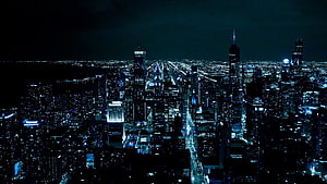Aerial View of Manhattan Skyline at Night with Deep Blue Tones HD wallpaper