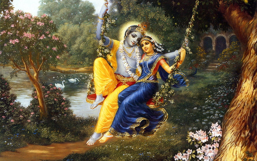 Radha and Krishna on a Flower Garland Swing in a Lush Garden HD wallpaper