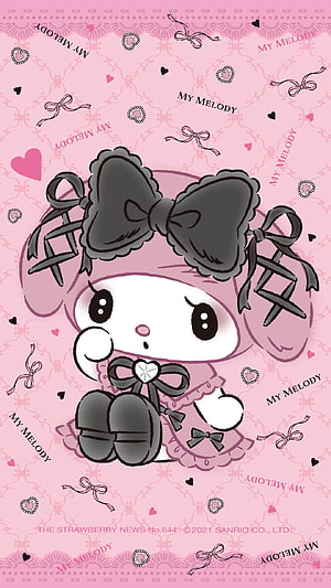 My Melody in a pink dress with a large black bow on a patterned background HD phone wallpaper