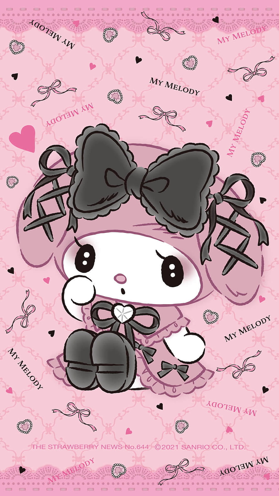 My Melody in a pink dress with a large black bow on a patterned background HD phone wallpaper