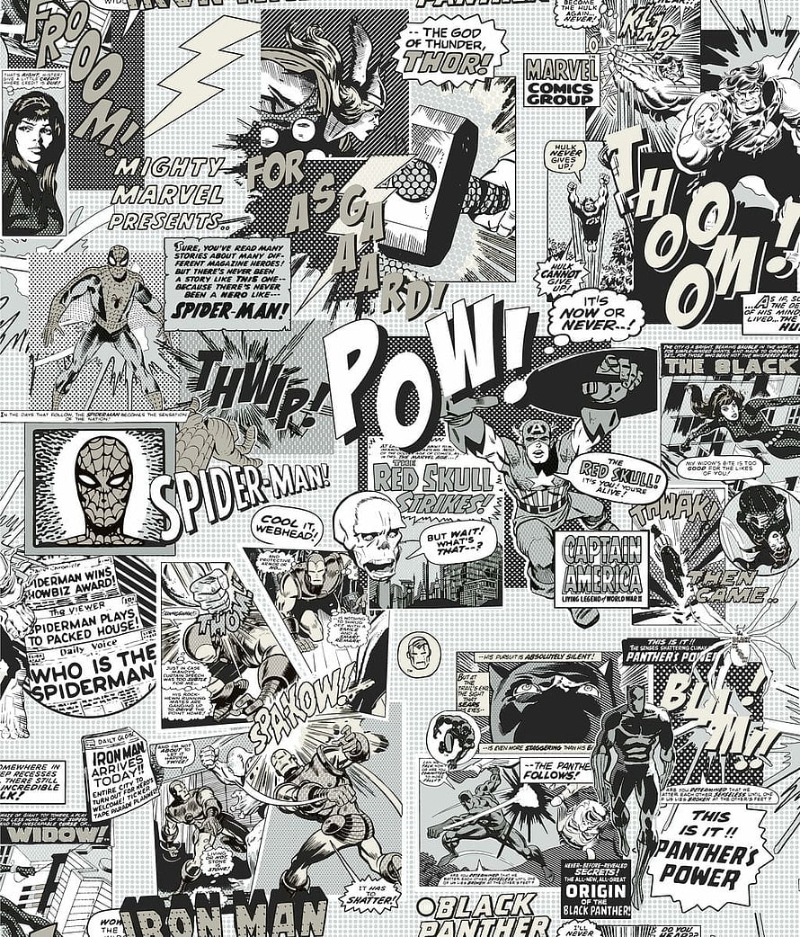 Black and White Marvel Comics Collage Featuring Spider-Man, Thor, Iron Man, Captain America, and Black Panther HD phone wallpaper