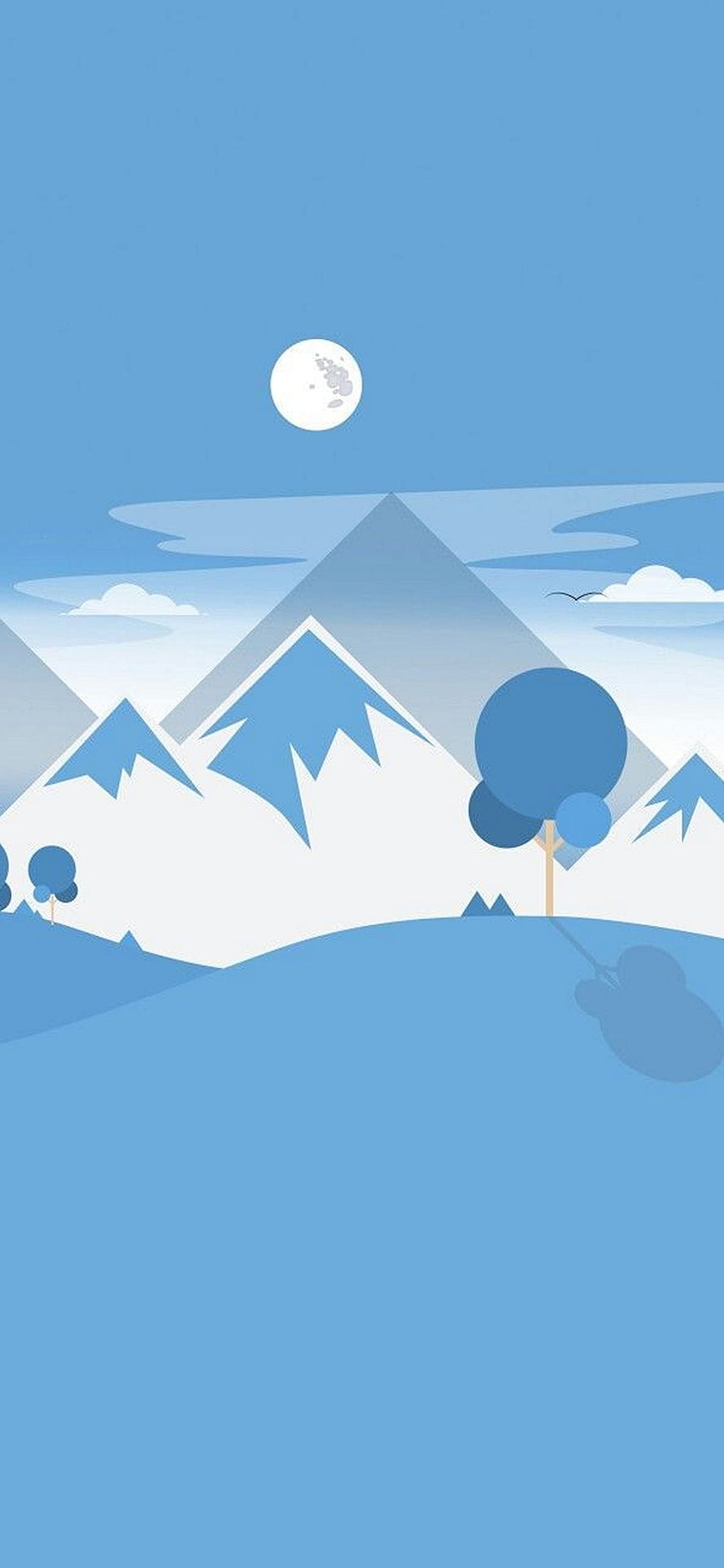 Minimalist Blue Mountain Landscape with Full Moon and Stylized Trees HD phone wallpaper