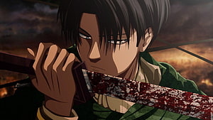 Levi Ackerman Holding Blood-Stained Sword in Dark Anime Scene HD wallpaper