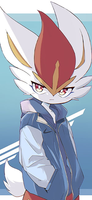 Cinderace anime style illustration wearing a blue jacket with a confident expression HD phone wallpaper