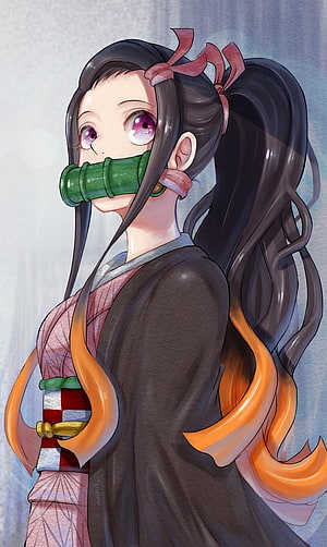 Kamado Nezuko Anime Character Portrait with Bamboo Mouthpiece and Traditional Kimono HD phone wallpaper