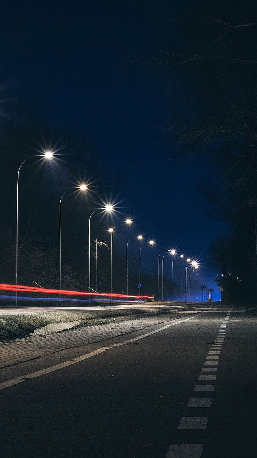 Long Exposure Night Road with Street Lights and Red Blue Light Trails HD phone wallpaper