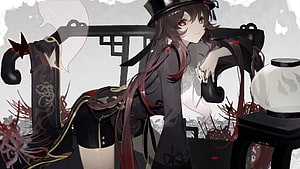 Hu Tao from Genshin Impact in a dark gothic outfit with a top hat and red eyes HD wallpaper