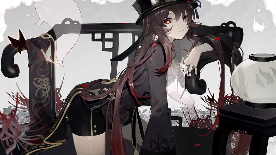 Hu Tao from Genshin Impact in a dark gothic outfit with a top hat and red eyes HD wallpaper
