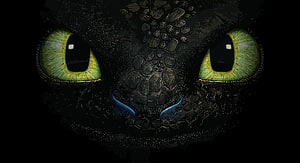 Close-up of a black dragon face with glowing green eyes and blue nostrils in the dark HD wallpaper