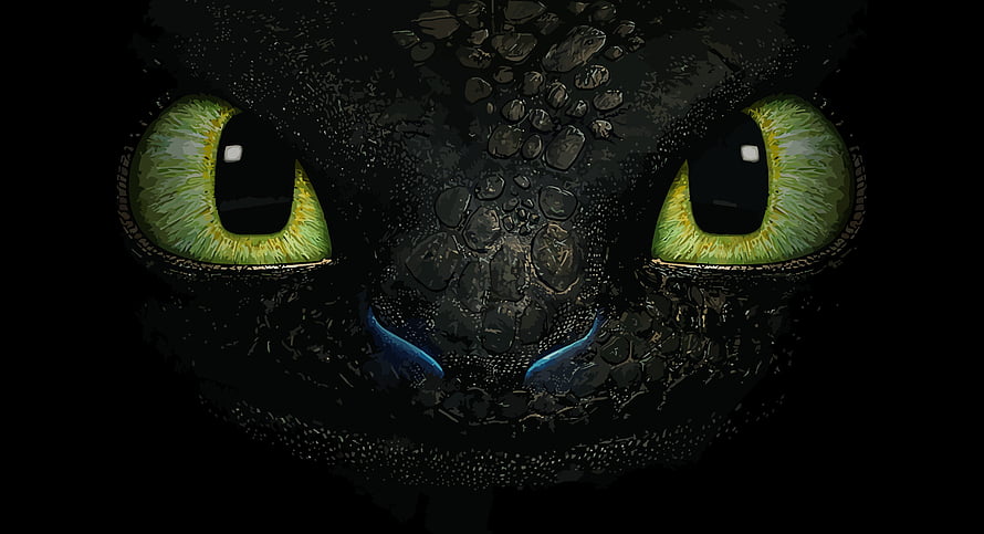 Close-up of a black dragon face with glowing green eyes and blue nostrils in the dark HD wallpaper