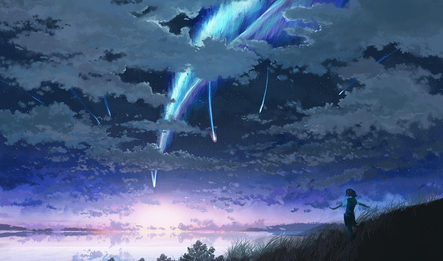 Your Name Anime Night Sky with Meteor Shower and Lake Reflection HD wallpaper