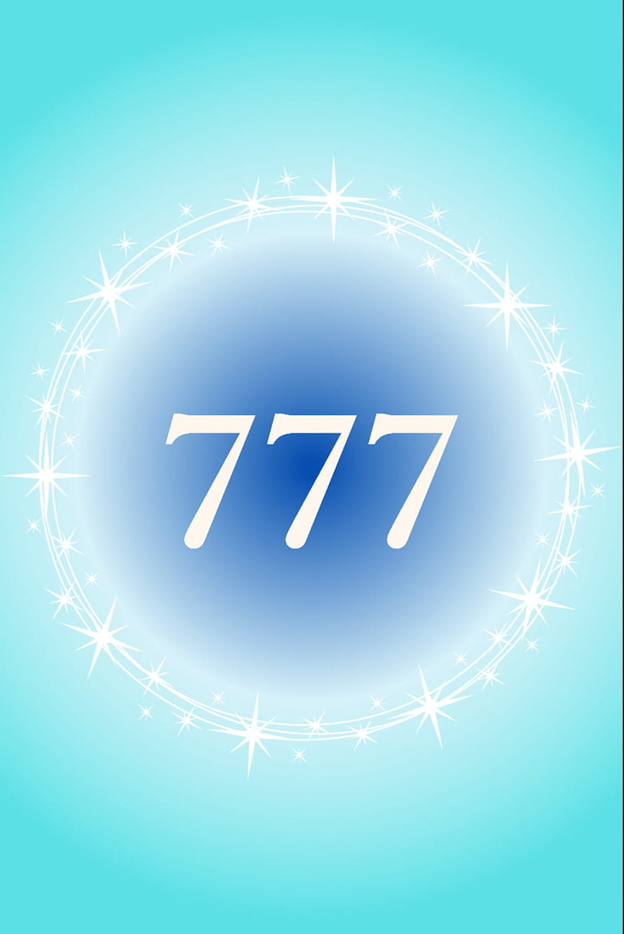 777 Angel Number Wallpaper with Sparkling Star Ring and Soft Blue Gradient Background HD phone wallpaper