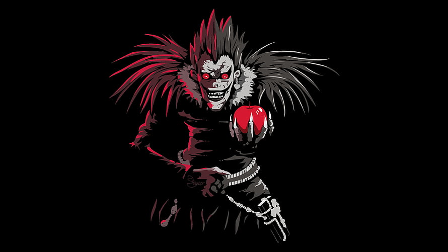 Ryuk Shinigami from Death Note Holding Red Apple on Black Background HD wallpaper