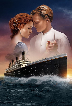 Titanic Movie Poster Featuring Jack and Rose Above the Ocean Liner at Sunset HD phone wallpaper