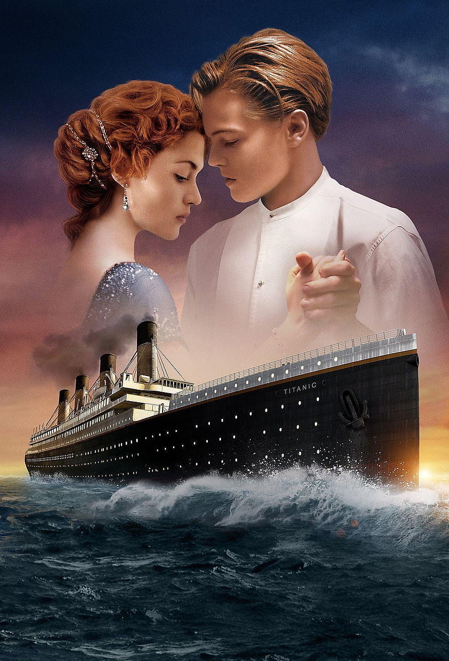Titanic Movie Poster Featuring Jack and Rose Above the Ocean Liner at Sunset HD phone wallpaper